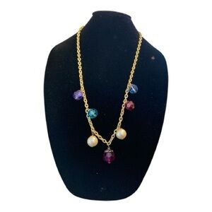 Gold-Tone Textured Oval Link Chain Multi-Color Beads Faux Pearls Necklace